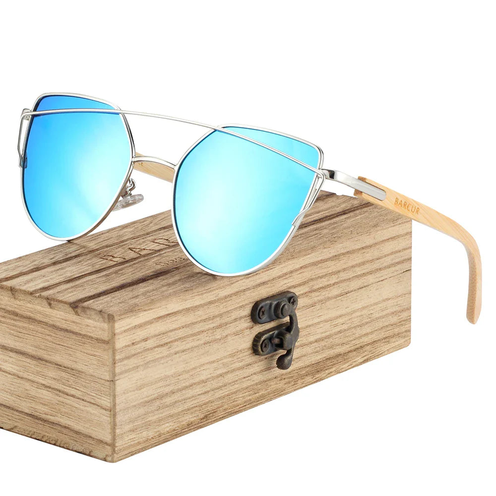 BARCUR Polarized Sunglasses Wood Cat Eye Women Sun Glasses Cat Eye Lady Luxury Fashion Sun Shades With Box Free Eyewear