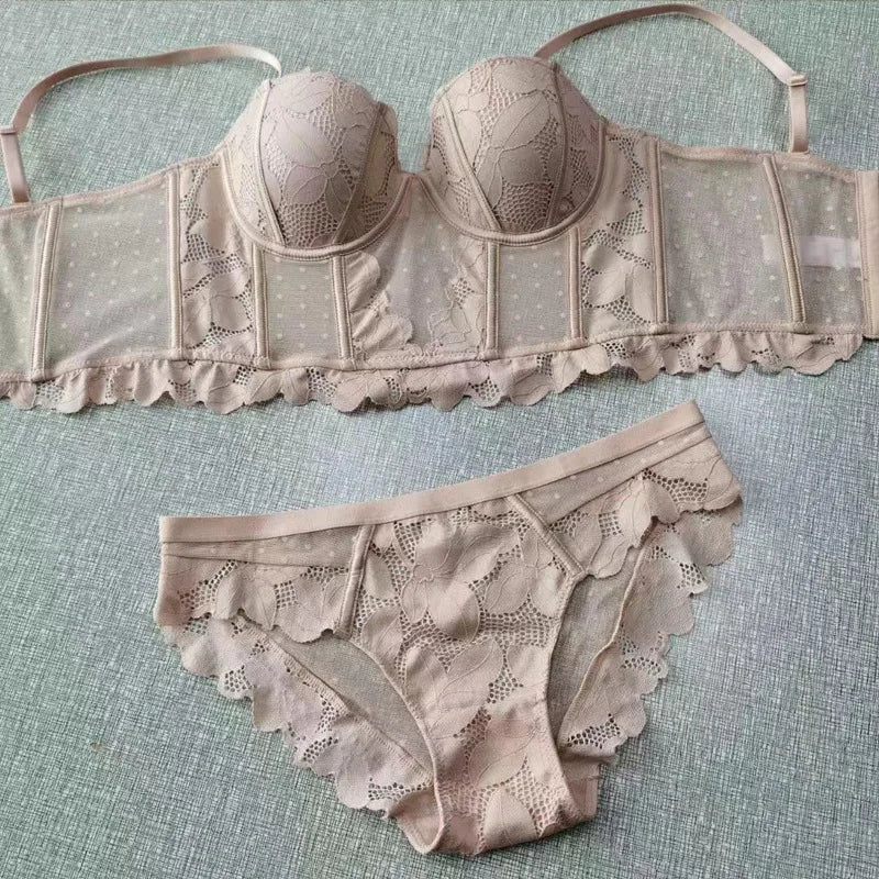 French Lace Embroidery Long Push Up Bra Set Women Underwear Fish Bone