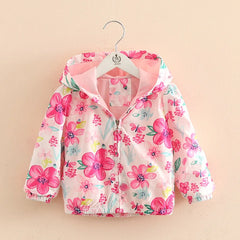 Zipper Cartoon Flower Print Kids Baby Girls Hooded Long Sleeve Thin Jacket