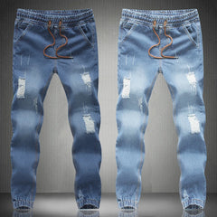 Men Fashion Jeans Drawstring Slim Fit Denim Ankle Length Casual Pants Ripped