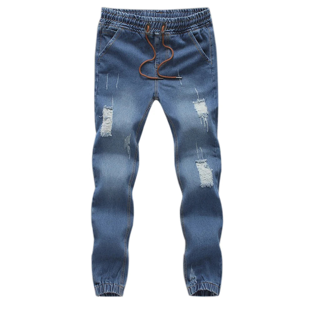 Men Fashion Jeans Drawstring Slim Fit Denim Ankle Length Casual Pants Ripped