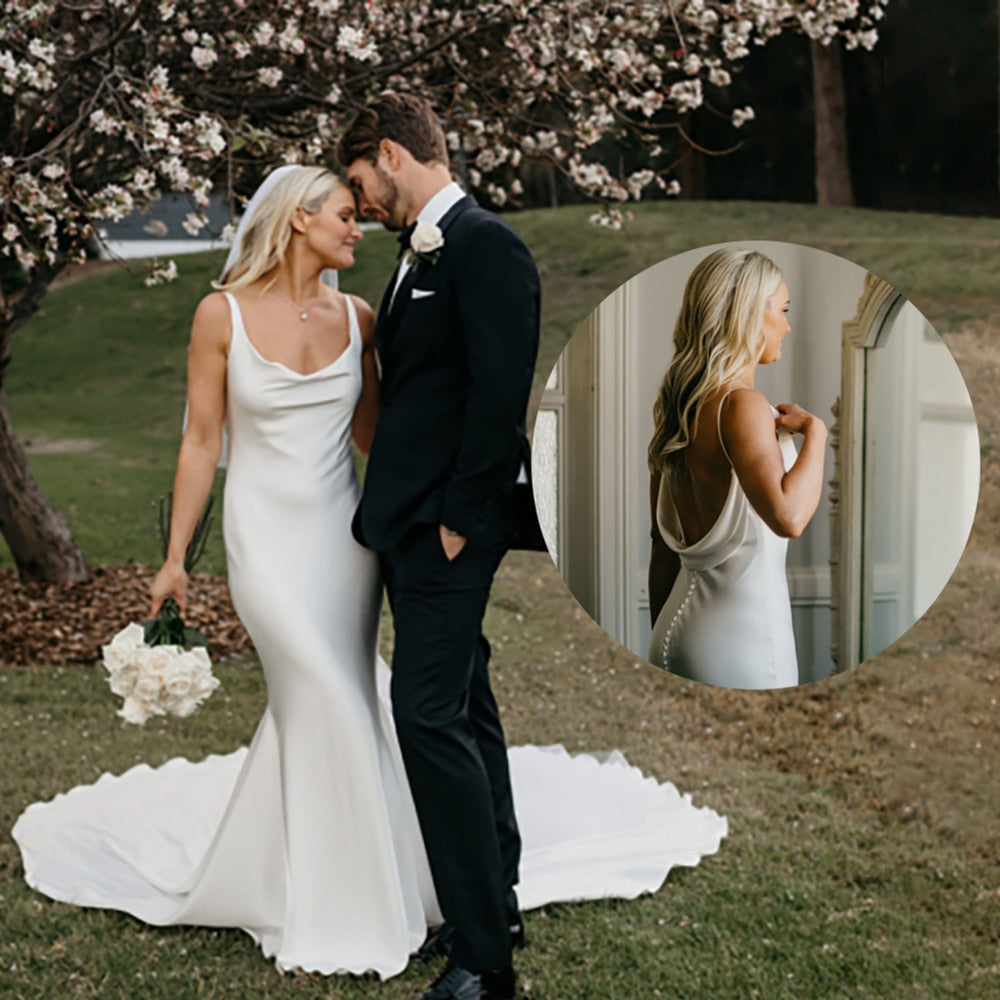 White Bridesmaid Dresses: Wedding Dress Long Train Backless Buttons Draped