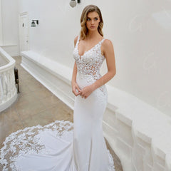 Wedding Dress Court Lace Train Spaghetti Straps Bride Dresses V Neck