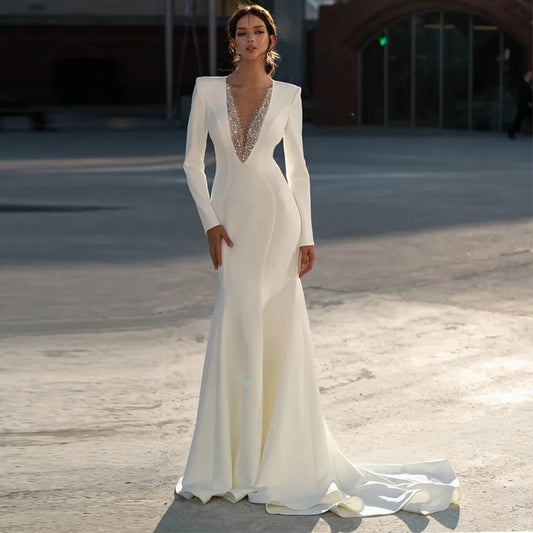 White Bridesmaid Dresses: V-Neck Long Sleeve Wedding Dress Classic Jersey Mermaid
