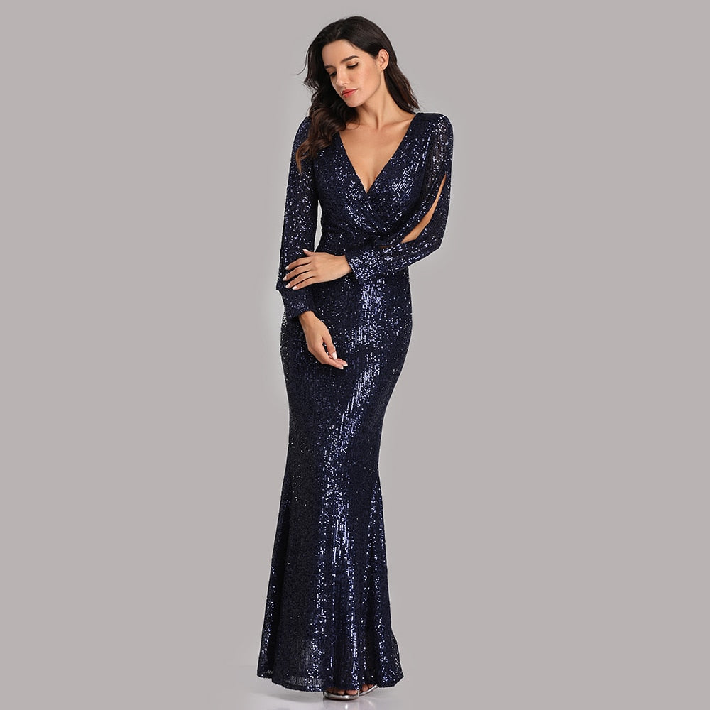 Sexy V-neck Mermaid Evening Dress Long Formal Prom Party Gown Full Sequins