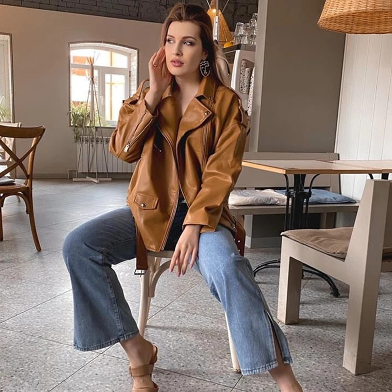 Spring Autumn Faux Leather Jackets Women Loose Casual Coat Female