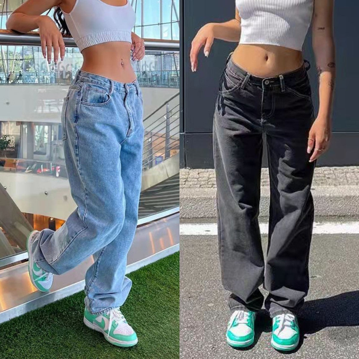 Y2K Style Black and Blue Baggy Jeans For Women Fashion
