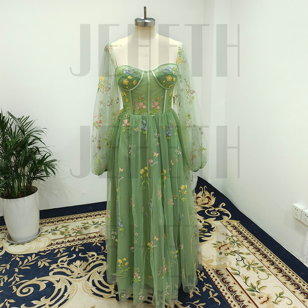 Homecoming Dresses: Mint Green Embroidered Lace Tulle Pastoral Prom Dress Puff