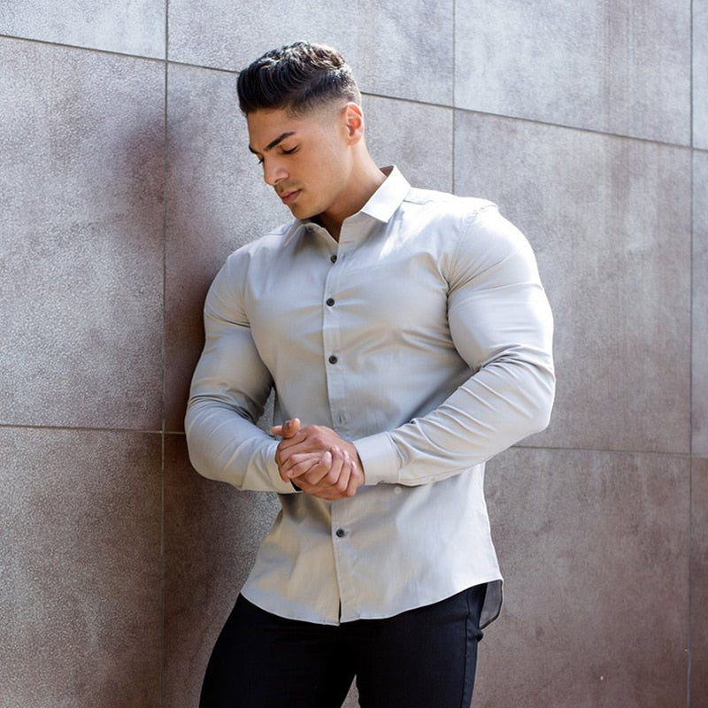 Men Fashion Casual long Sleeve Solid Shirt Super Slim Fit Male