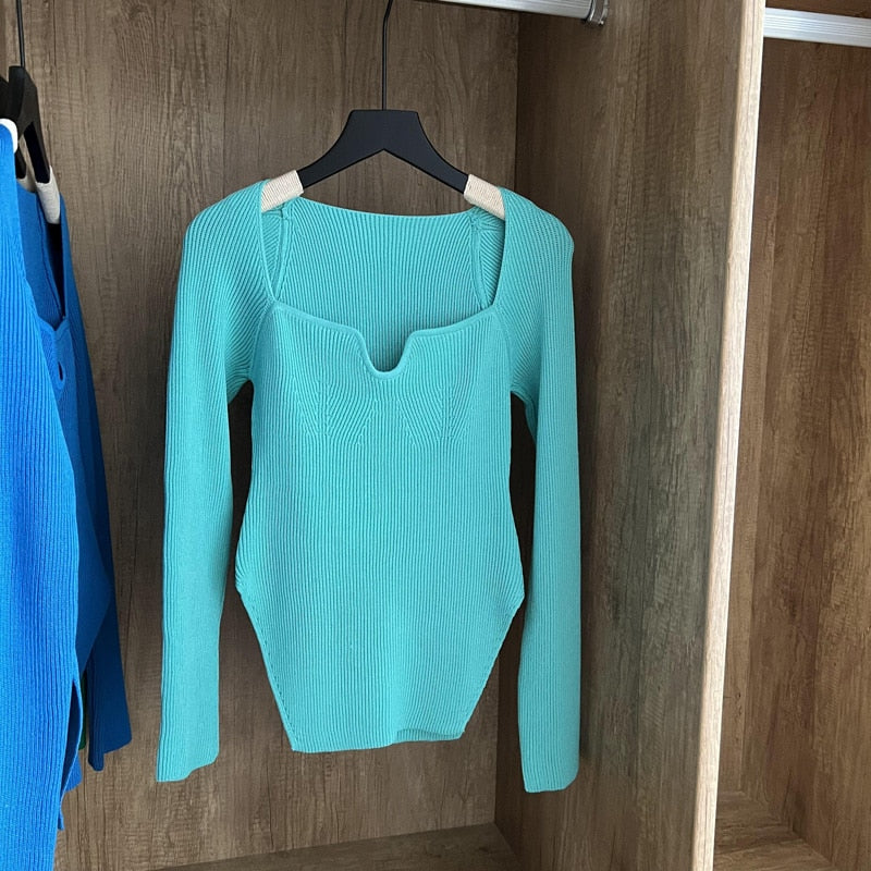Square Collar Long Sleeve Woman Sweaters Knitted Pullover Women