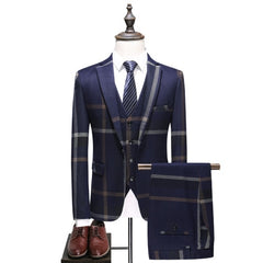 Men's Wedding Plaid Blue Gray Blazers Jacket Pants Vest 3 Pcs Set