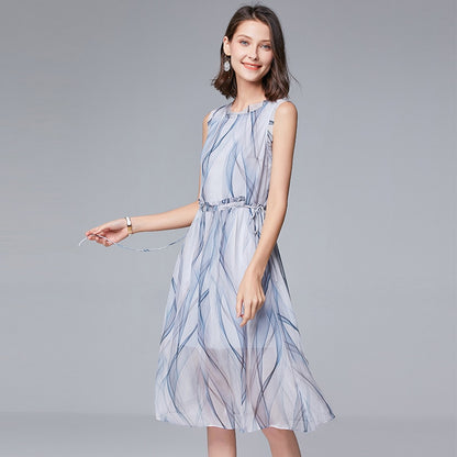 new women middle school long sleeveless fungus edge waist drawstring stripe elegant Fairy Dress