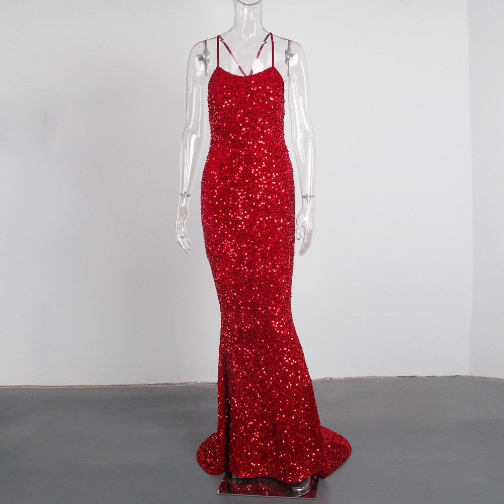 Homecoming Dresses: Backless Cross Sequin Mermaid Prom Gown Stretch Velvet Slip