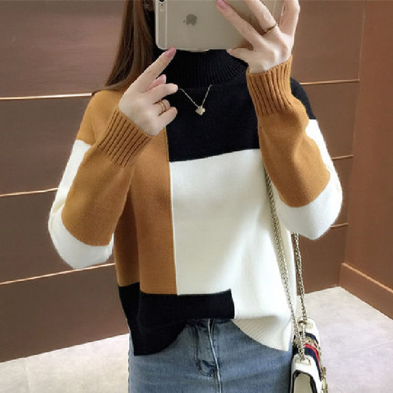 Patchwork Women Pullover Sweater Autumn Loose O Neck