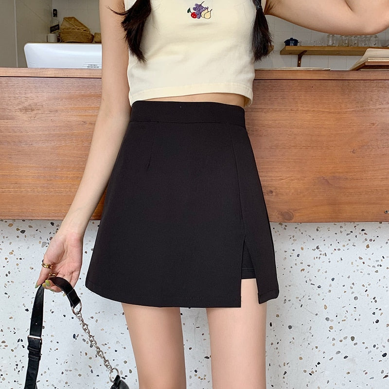 Spring Women Skirts Preppy Style A-line High-waist Split Mini Skirts