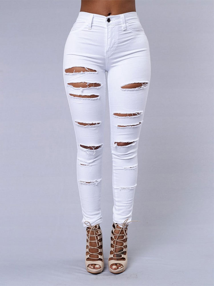 Spring Summer Elastic Trousers Black and White Ripped Jeans Fashion