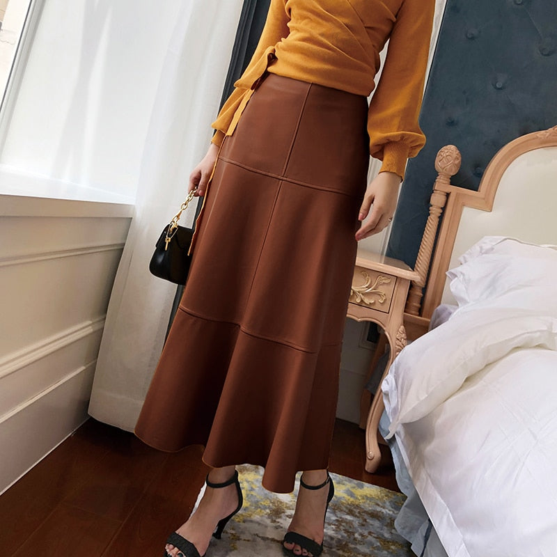 Maxi Skirt Women Female Harajuku Chic Genuine Leather 80cm Long Fishtail Jupe