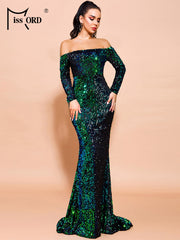 Off Shoulder Elegant Sequin Evening Party Blue Dress Sleeve Women Fashion Dress