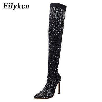 Design Fashion Pointed Toe Bling Over Knee Boots Crystal Long Sock