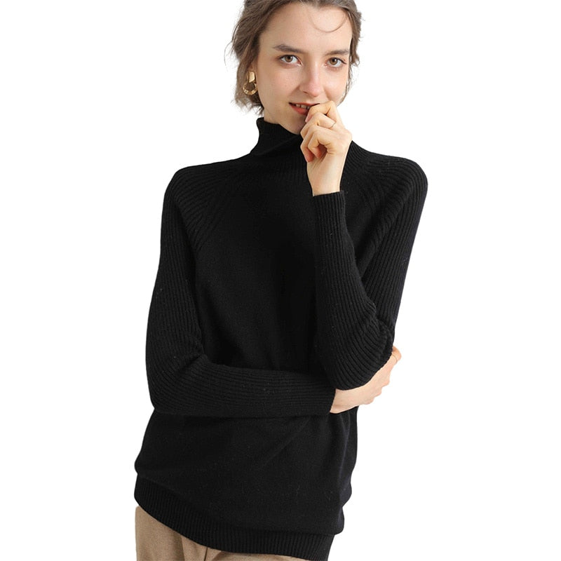 Women Turtleneck Merino Wool Cashmere Sweater Long Sleeves Autumn Winter Sweater