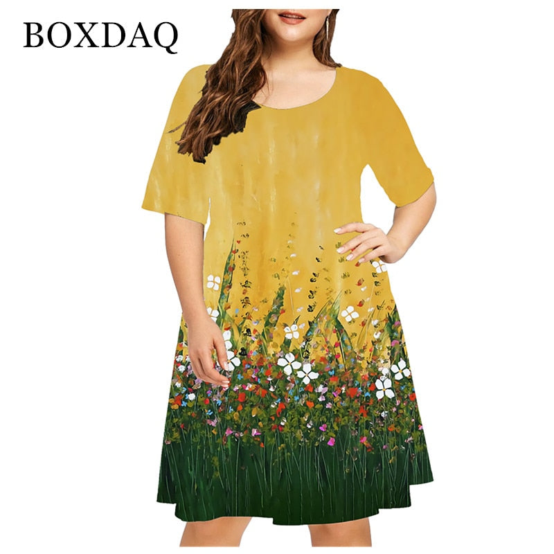 Summer 3D Flower Print Bohemian Dress Women Short Sleeve Mini Dress