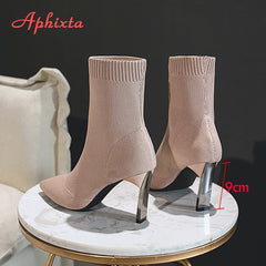 Metal Blade Heels Socks Boots Women Stretch Fabric Elastic Stilettos Heel