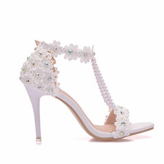 Women Sandals White Lace Flowers Pearl Tassel 9CM Fine High Heels Slender