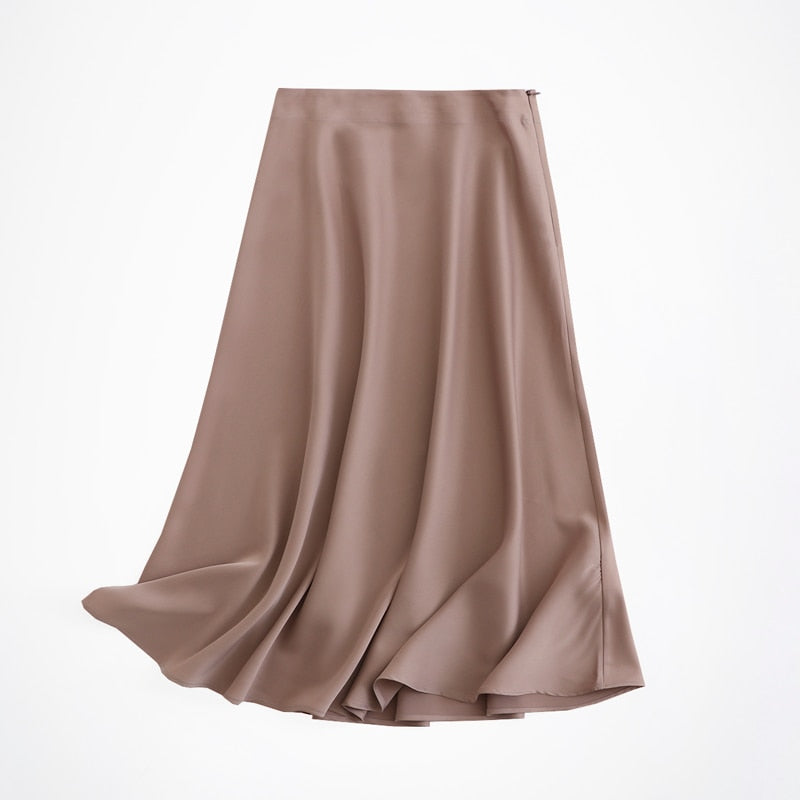 women solid quality satin midi skirt vintage side zipper