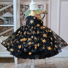 Fancy Girls Golden Sequin Tutu Dress Kids Snowflake Dresses Princess Costume