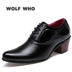 WOLF WHO Luxury Men Dress Wedding Shoes Glossy Leather 6cm High Heels