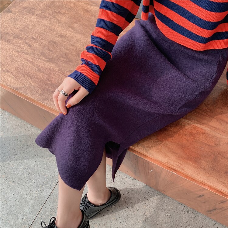High Elastic Waist Women Long Skirt Knitted Pencil Skirt Wool Autumn Split Skirts