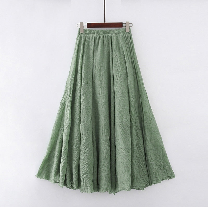 Cotton Linen Maxi Skirt Womens Casual Elastic High Waist Pleated