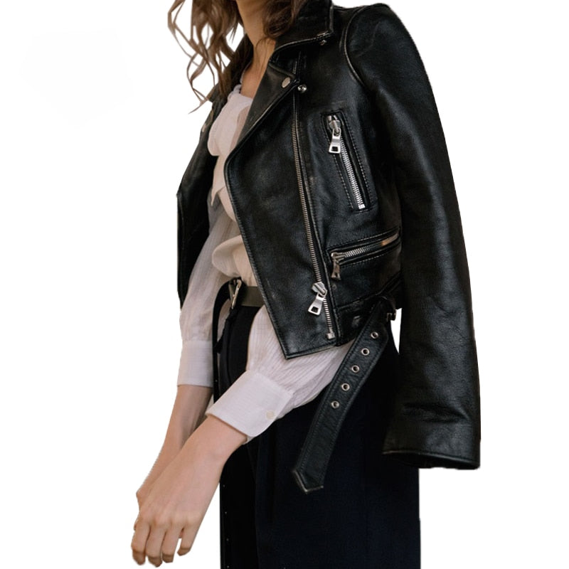 FTLZZ Women Autumn Winter Black Faux Leather Jackets Zipper Basic Coat