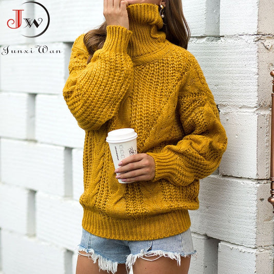 Winter Women Turtleneck Sweater Loose Oversized Elegant Warm Knitted