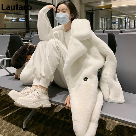 Lautaro Winter Warm White Faux Fur Coat Women Long Sleeve Lapel Double