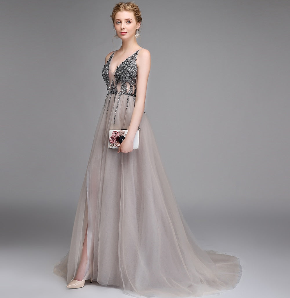 Evening wear Dresses: Evening Dress V-neck Backless Beading Tulle Long Prom Gown