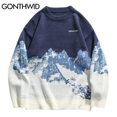 Snow Mountain Knitted Jumper Sweaters Streetwear Mens Hip Hop