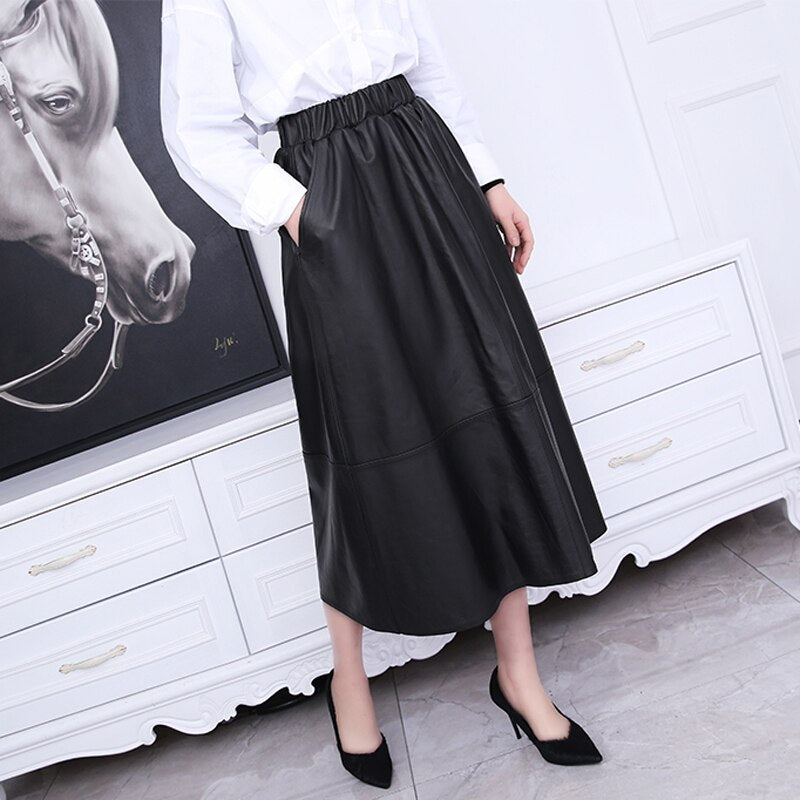 Jupe Longue Femme Women Genuine Leather Harajuku High Elastic Waist