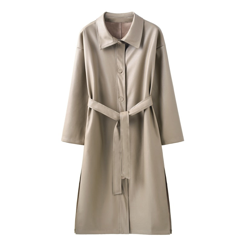 Autumn long leather trench coat for women long sleeve belt buttons