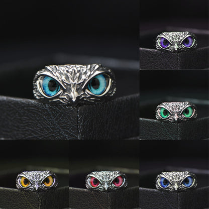 Retro Cute Simple Design Owl Ring Multicolor Eyes Silver Color Men Women