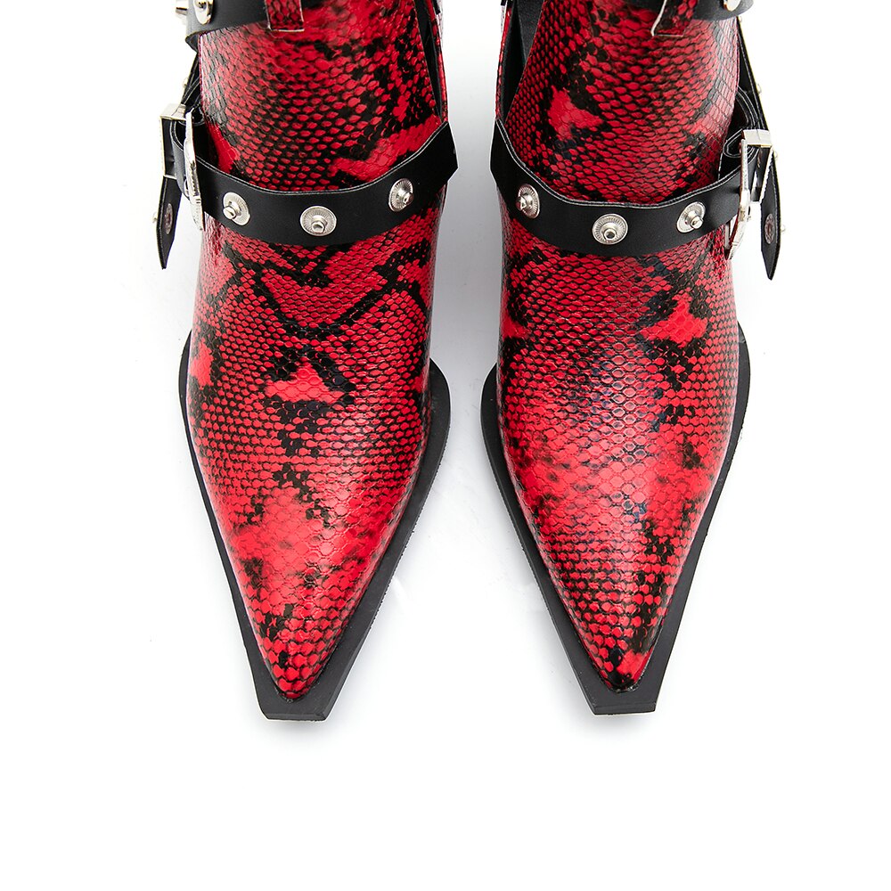 Motorcycle Western Cowboy Boots Women Snake PU Leather Short Cossacks
