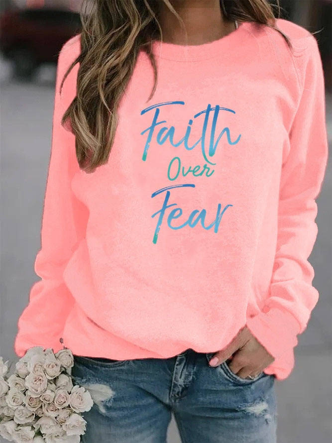 Women Hoodie Faith Over Fear Letter Printed Hoodies Women Fleece Long