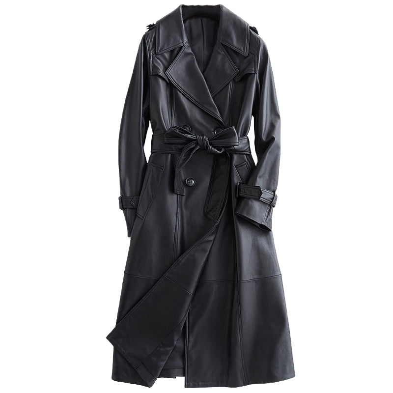 Long black leather trench coat for women long sleeve belt lapel