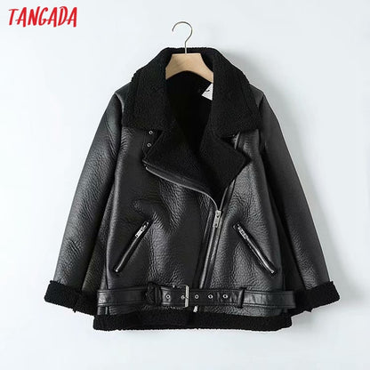 Tangada Women beige fur faux leather jacket coat with belt turn down