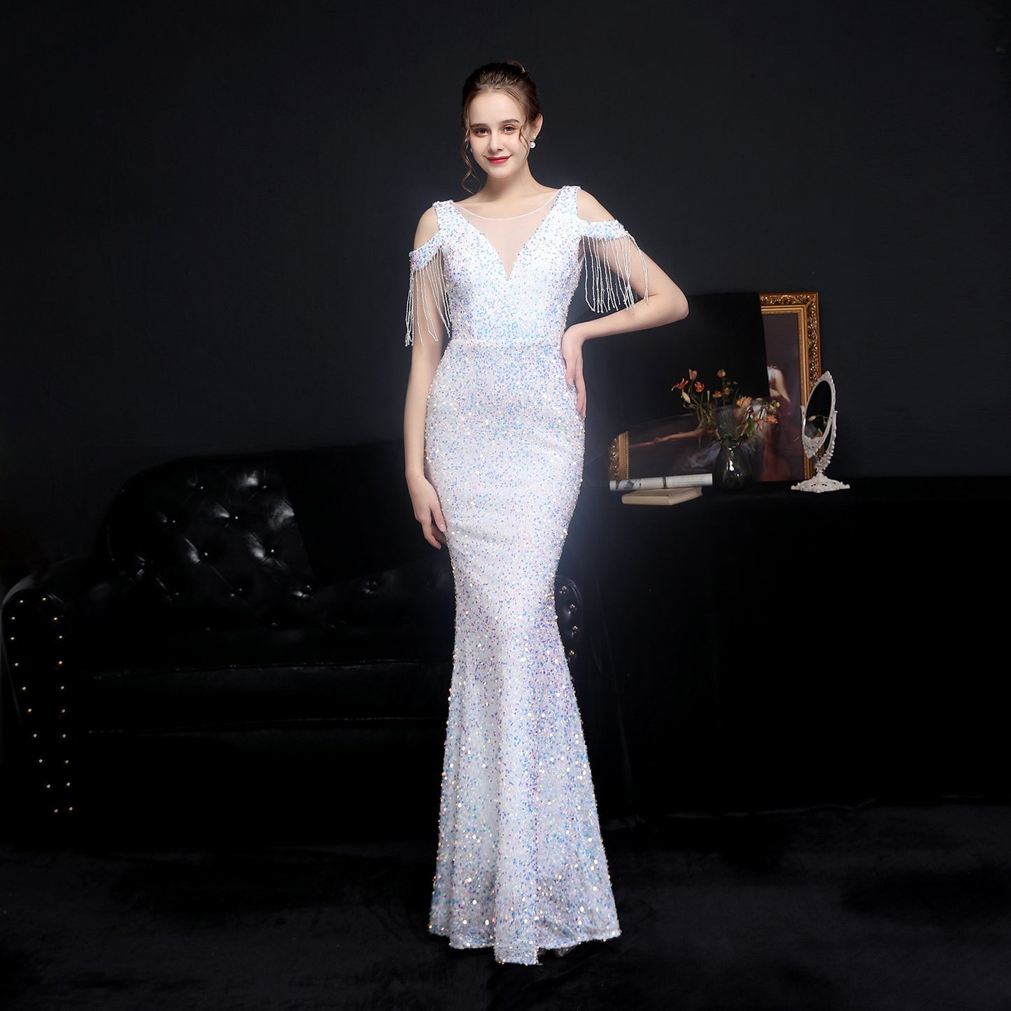 Evening wear Dresses: Elegant Gold Sequin Women Mermaid Evening Dress