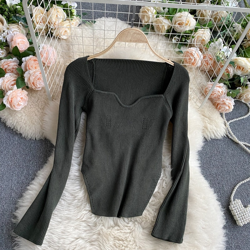 Square Collar Long Sleeve Woman Sweaters Knitted Pullover Women