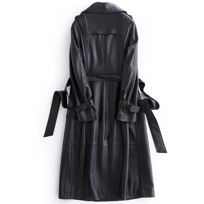 Long black leather trench coat for women long sleeve belt lapel