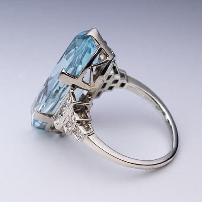 Female Light Sky Blue Wedding Ring Solitaire Band Oval Stone Engage Party