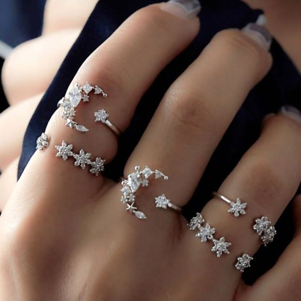 Vintage Boho Crystal Butterfly Rings Set For Women Zircon Leaves Stars