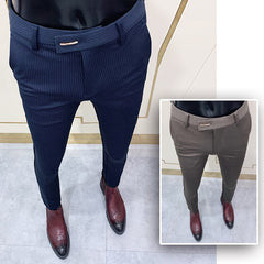 Chic Striped Navy Blue Pants Men Elegant Slim Fit Tight-ankle Suit Trousers Pants